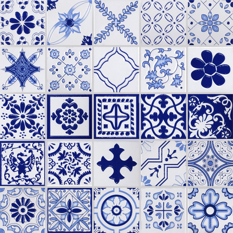 青花瓷地中海混拼花片瓷砖100手工陶瓷腰线角花亮面复古小花砖300