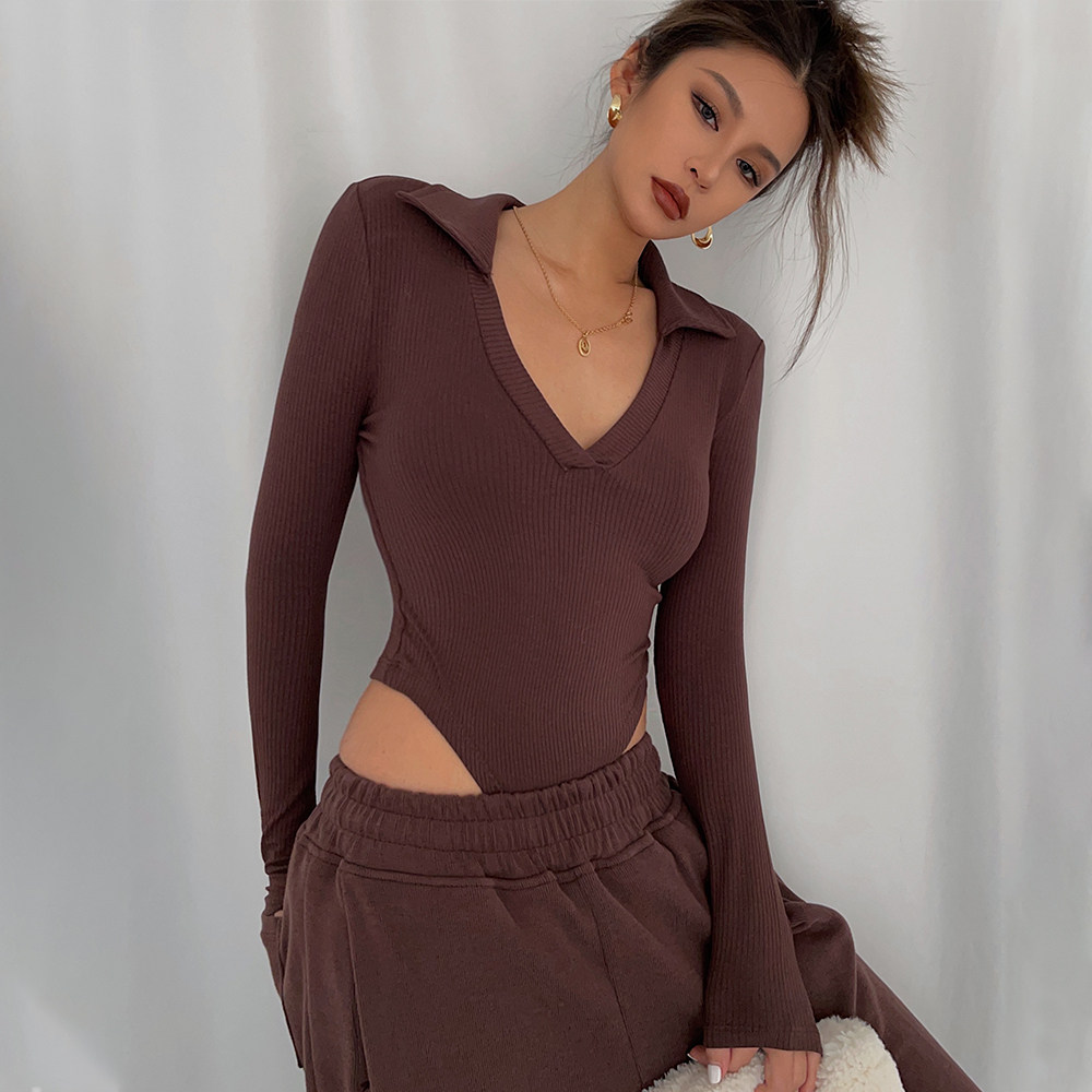 自制翻领连体衣弹力修身巨显身材低胸性感辣妹打底衫欧美深咖上衣