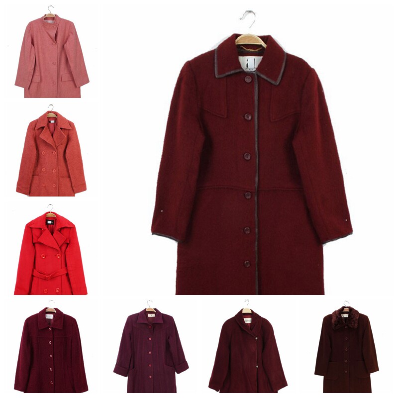 vintage古着孤品复古日本羊毛呢直筒茧型女长大衣 喜庆深浅红色系
