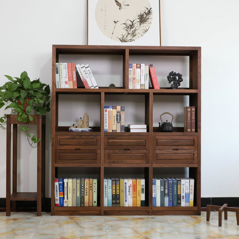北美黑胡桃木书柜纯实木现代简约书橱客厅展示架多层储物书架定做