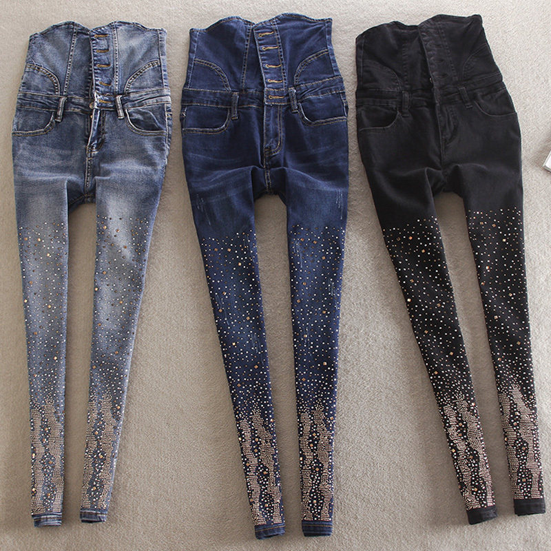 带钻排扣超高腰烫钻牛仔裤女春秋季紧身收腹显瘦小脚长裤弹力镶钻