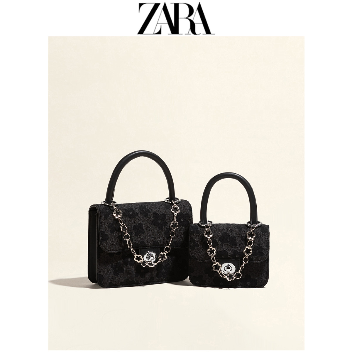 zara包包女2022新款斜挎百搭ins小众高级感感黑色链条手提小方包