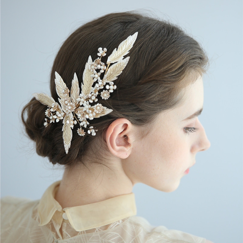 欧美风大气金色侧边夹新娘结婚婚纱礼服头饰晚宴会盘发造型配饰品