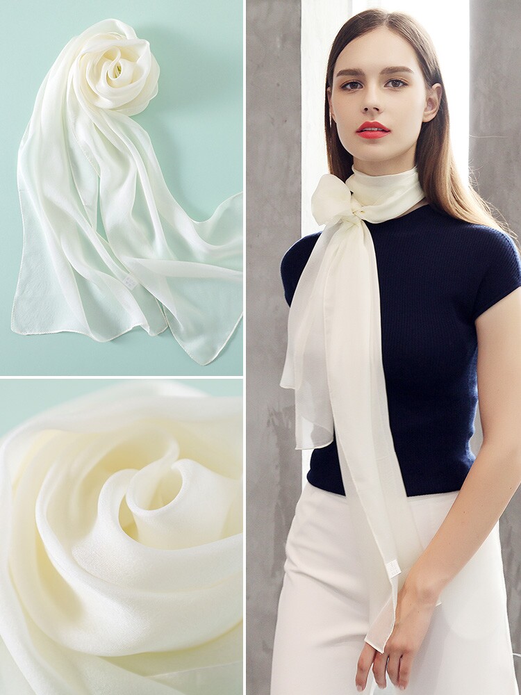 丝巾女夏季薄款防晒小长条白色真丝围巾长款窄桑蚕丝纯色纱巾夏天