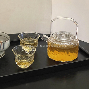 ins日式锤纹提梁壶透明玻璃茶壶高硼硅煮茶壶优雅花茶壶茶杯套装