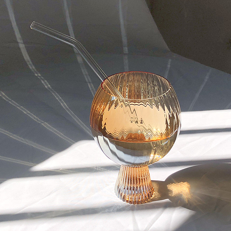 北欧风轻奢简约条纹玻璃杯ins网红大肚杯苏打水饮料杯高脚果汁杯