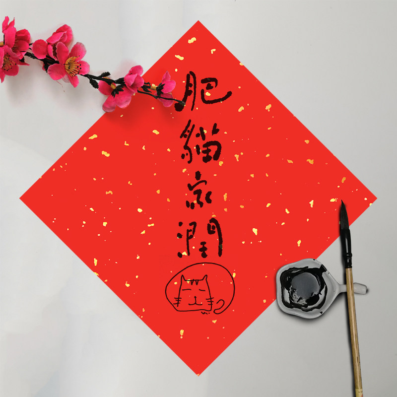 手写春联_猫肥家润定制手写对联斗方招财进宝万年红底黑字春联入宅