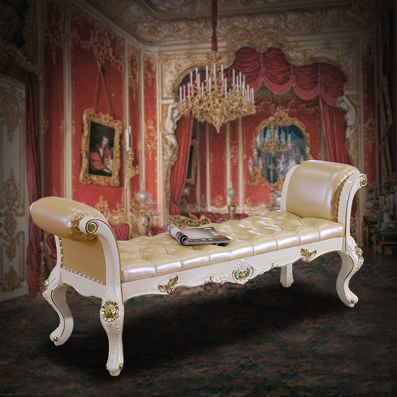 欧式白色全实木奢华真皮床尾凳 卧室床榻带扶手放衣服换鞋长凳子