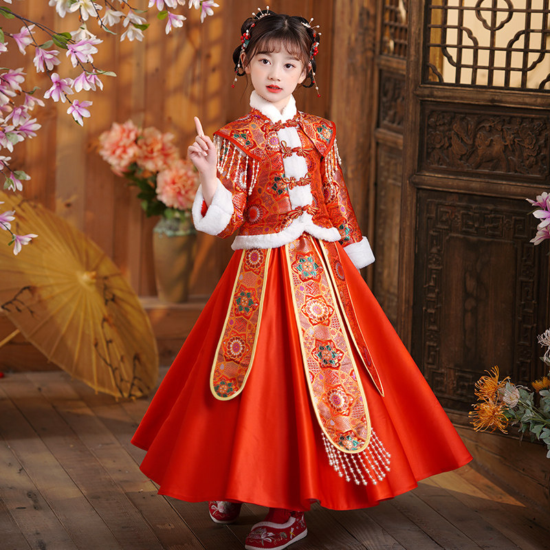 汉服女童过年中国风唐装红色女孩拜年服新年冬装儿童古装加厚冬季