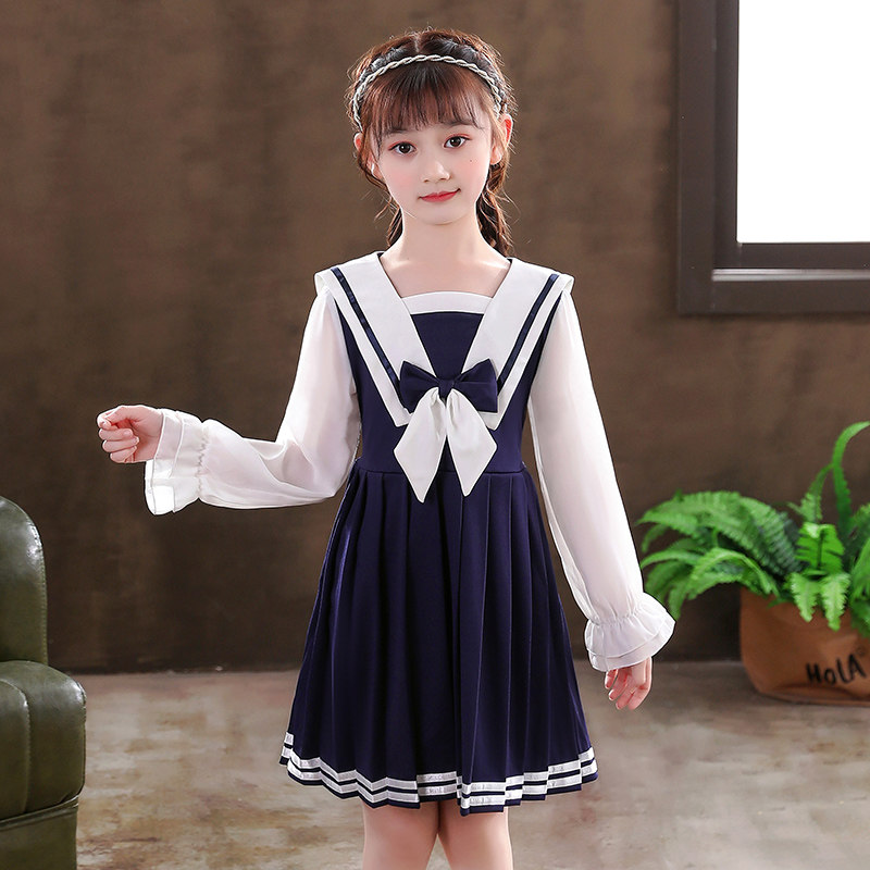 女童秋装连衣裙儿童海军风百褶裙子小女孩学院风公主裙大童装秋季