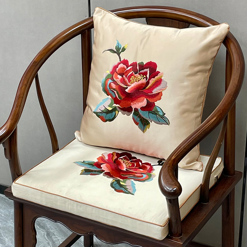 中式沙发坐垫红木家具牡丹刺绣垫子红木圈椅座垫中式餐椅椰棕座垫