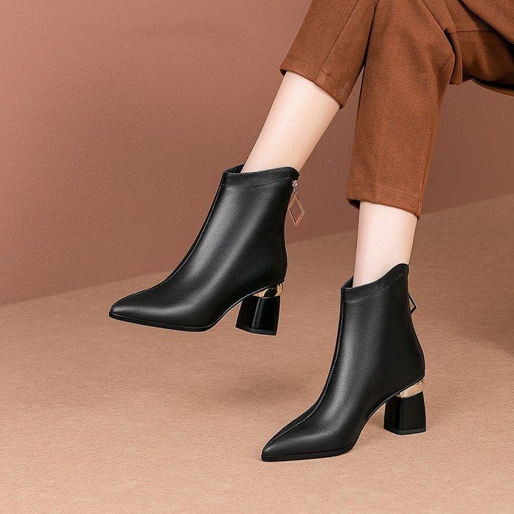 短靴女2021年秋冬季新款粗跟真皮高跟鞋法式马丁靴女鞋加绒靴子女