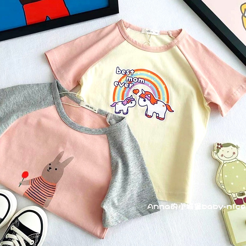 夏装女童纯棉插肩袖T恤宝宝儿童卡通兔子彩虹圆领半袖打底衫上衣