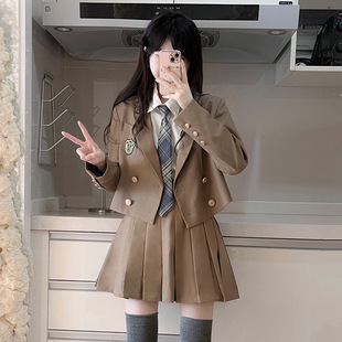 西装外套女秋冬季原创jk制服英伦学院风卡其色短款西服百褶裙套装