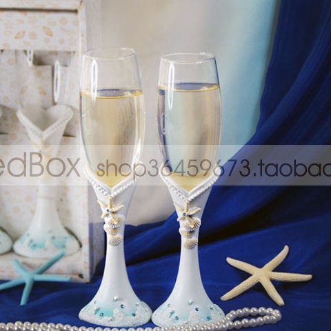 RedBox婚庆用品 交杯酒 结婚礼物 海洋贝壳结婚香槟酒杯对杯