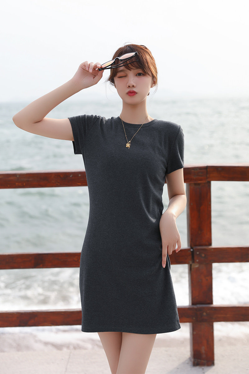 全棉新款休闲修身a字中短款针织短袖夏季黑色t恤连衣裙连身短裙