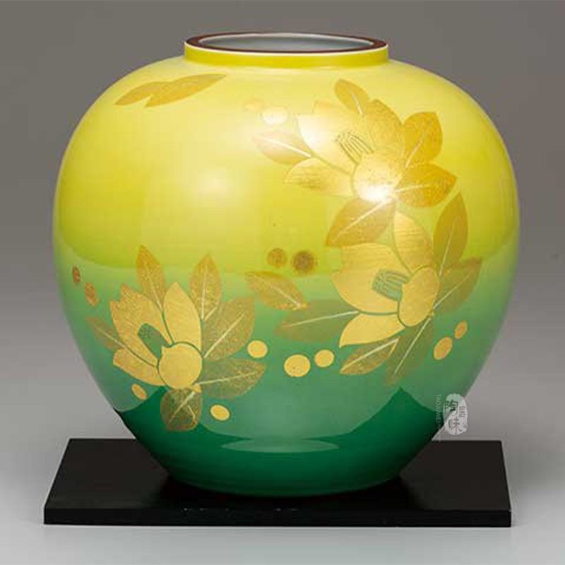 日本原装进口九谷烧釉里金箔彩花日式陶瓷花瓶插花器花道商档摆件
