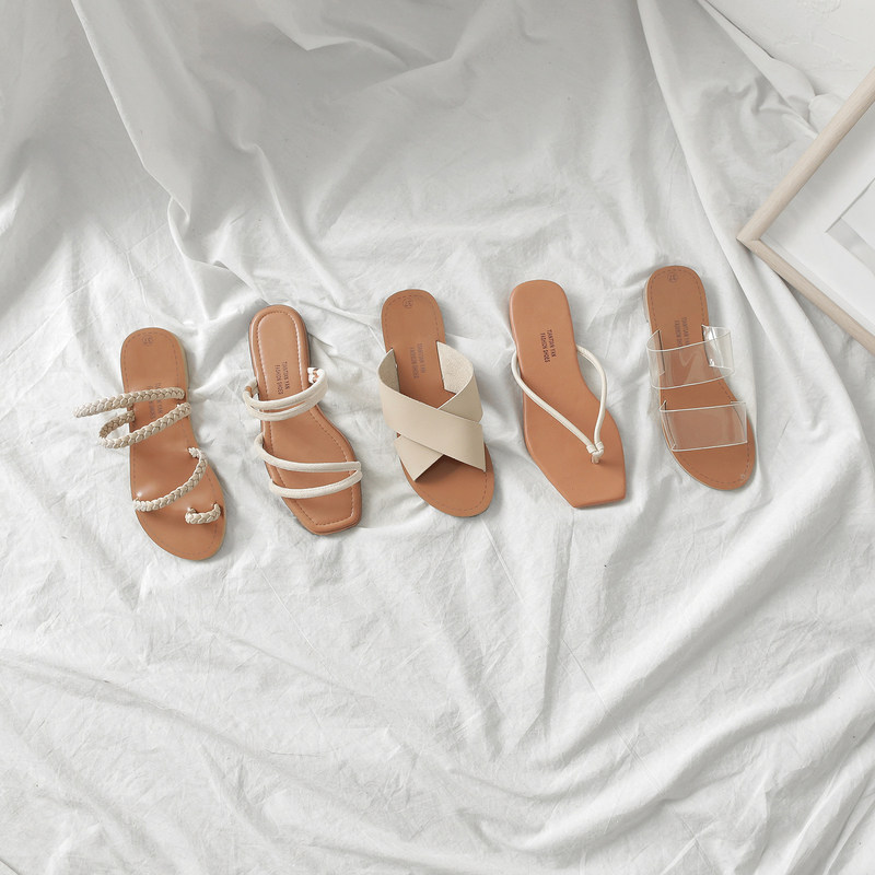 韩版新款舒适软底 细带露趾百搭拖鞋 平底 交叉 丝绒带 编织 透明