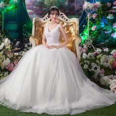 蔡美月2016年夏季新款婚纱礼服性感大V领齐地蓬蓬裙奢华珍珠镶嵌