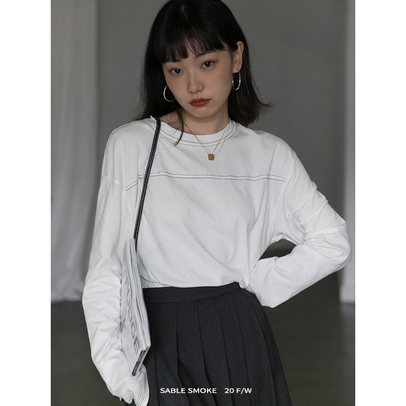 sablesmoke 秋冬季新款白色百搭纯棉打底衫宽松圆领长袖t恤上衣女