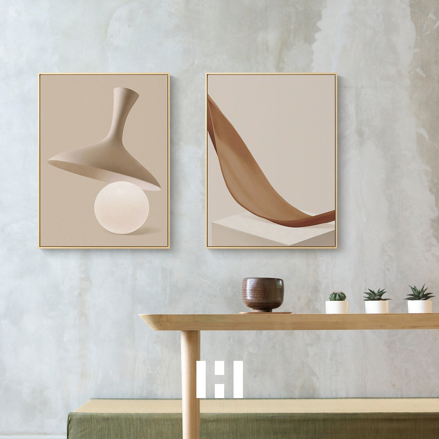 原木风ins日式挂画客厅画沙发背景墙壁画几何抽象组合画—现代装饰画