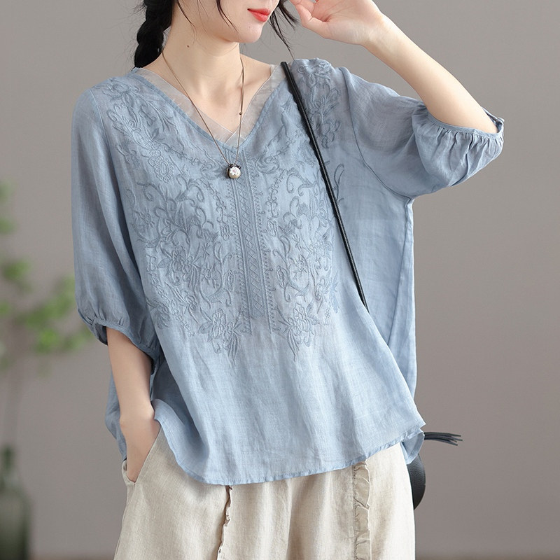 复古薄款苎麻上衣女士短袖衬衫夏季新款宽松v领休闲气质棉麻t恤衫