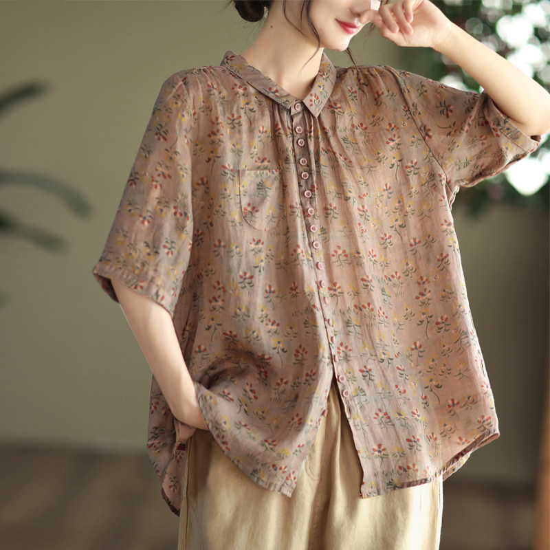文艺印花棉麻衬衫女夏季新款宽松复古苎麻衬衣五分袖碎花亚麻上衣