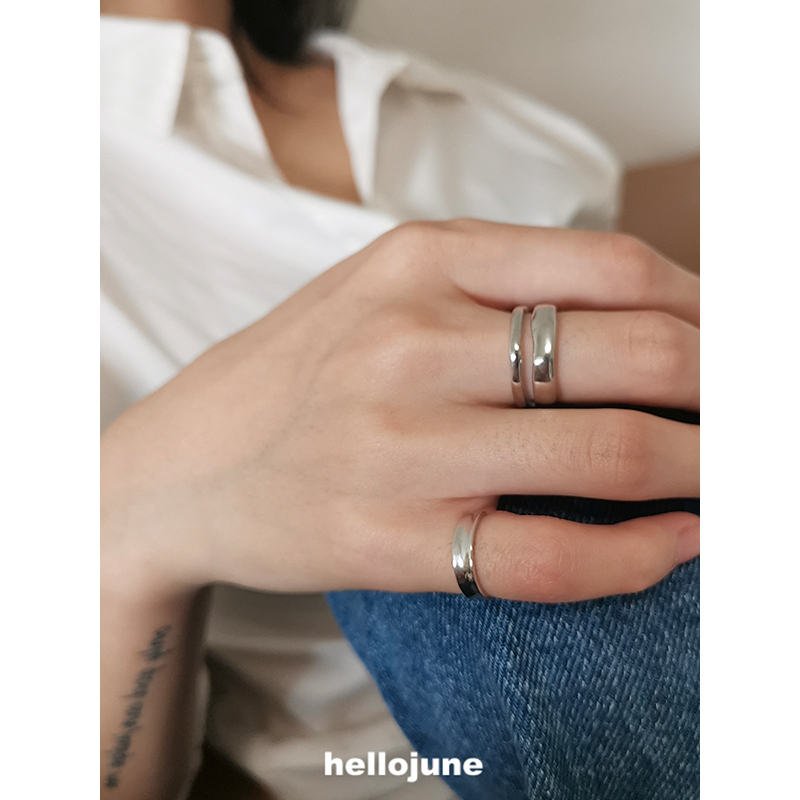 hellojune 925银戒指女双层镂空不规则线条戒指光板凹面搭配尾戒
