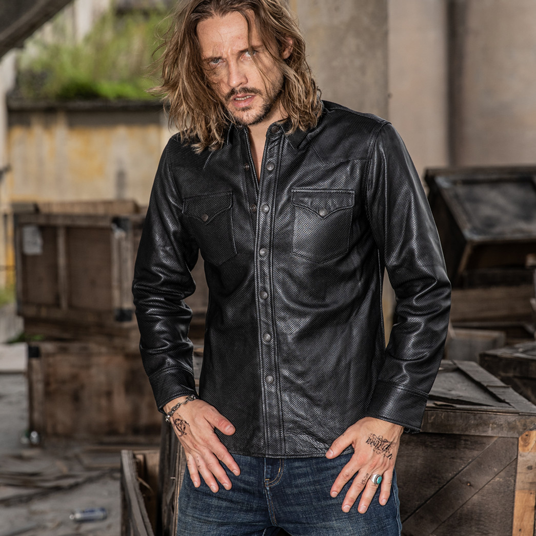 现货包邮黑色牛皮冬款摩托车骑行服男士哈雷皮衬衫印第安复古皮衣