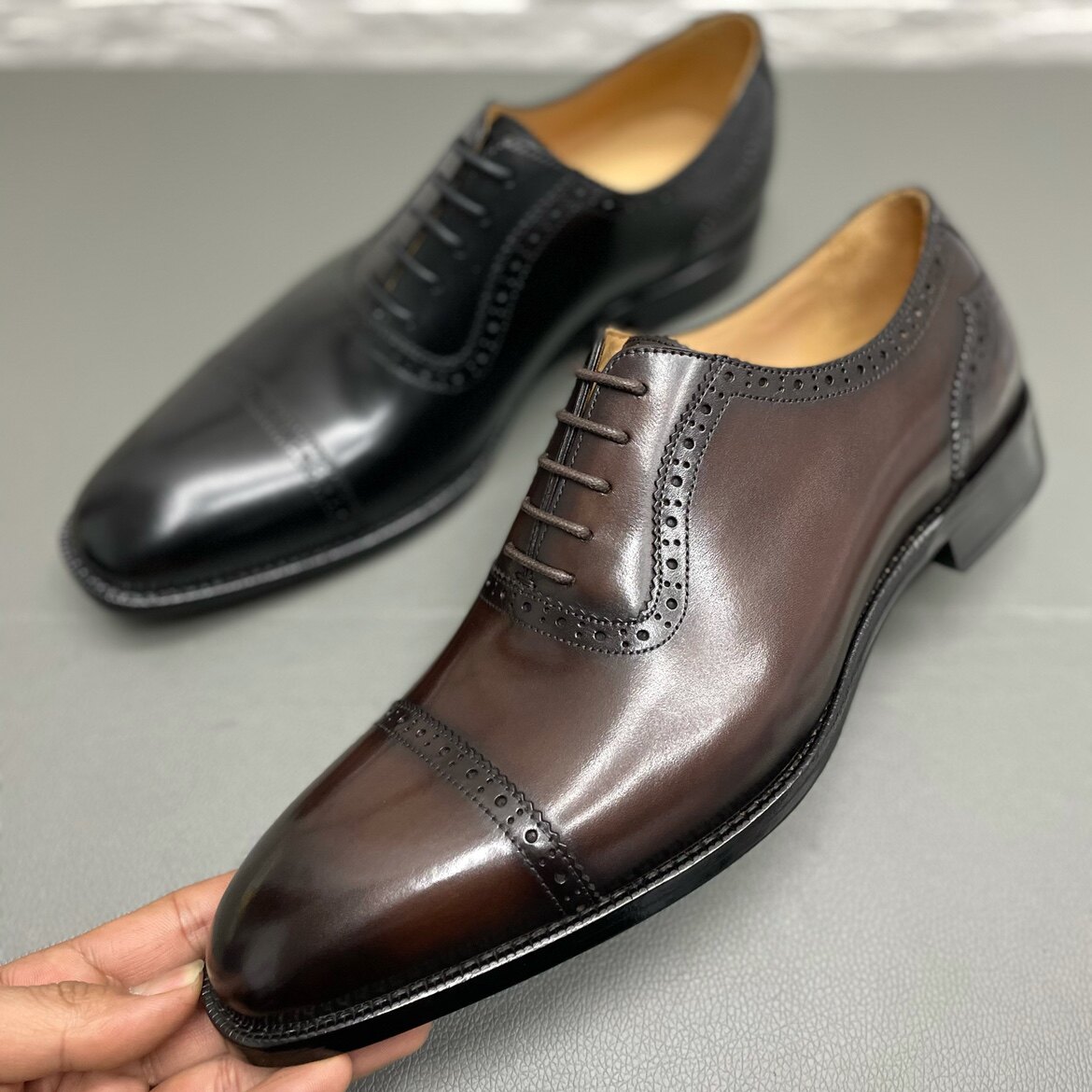 意大利产商务正装系带尖头皮鞋三接头牛津鞋手工上线皮底鞋子宴会