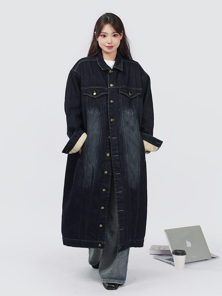 花田橱窗牛仔风衣外套女秋冬2022新款复古宽松加绒加厚中长款大衣