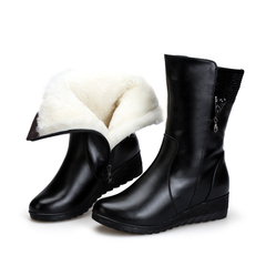 冬季真皮女靴中筒靴加厚羊毛保暖女鞋坡跟靴子平底棉鞋防滑女冬鞋