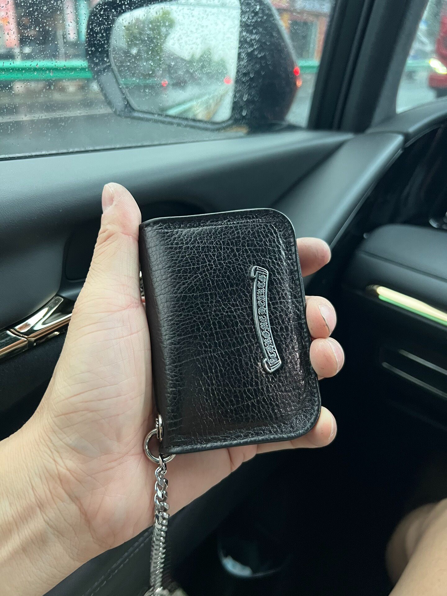 Black Calfskin Scroll Card Holder with Chain