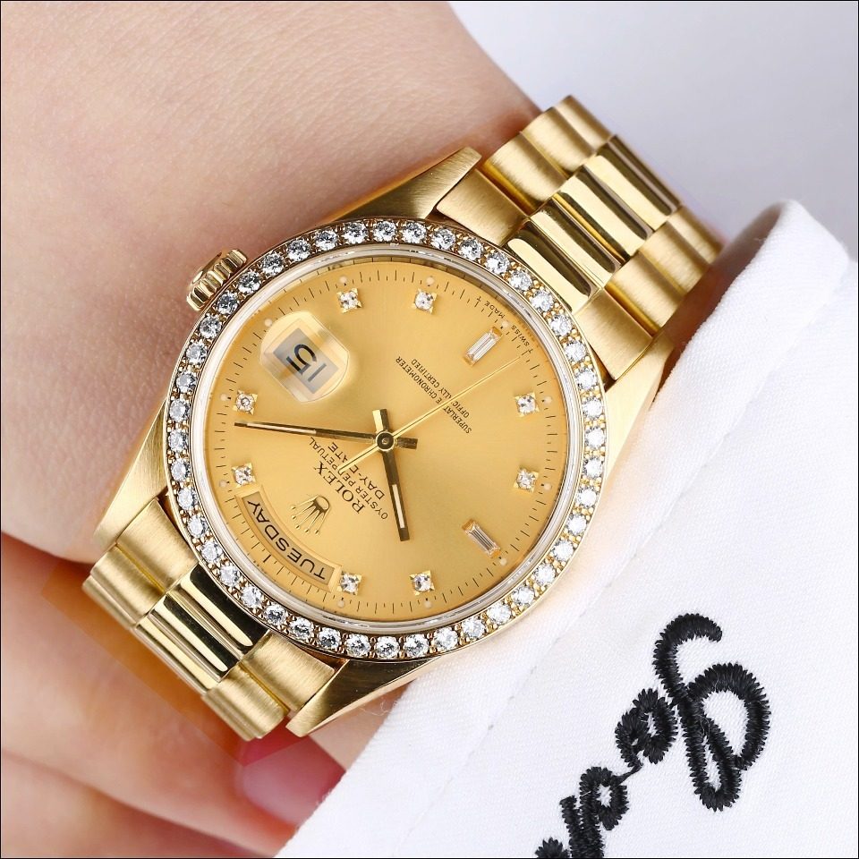 [9.5新]劳力士18348金劳星期日历型系列原镶钻自动机械男表