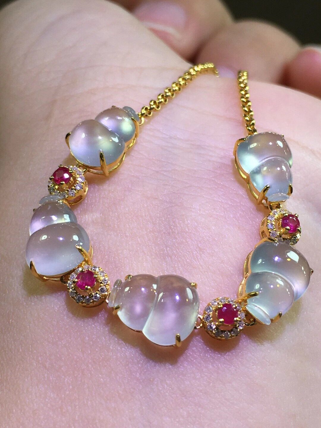 18k金镶玉葫芦手串精品小玉石镶嵌手链翡翠蛋面裸石玉链子设计款