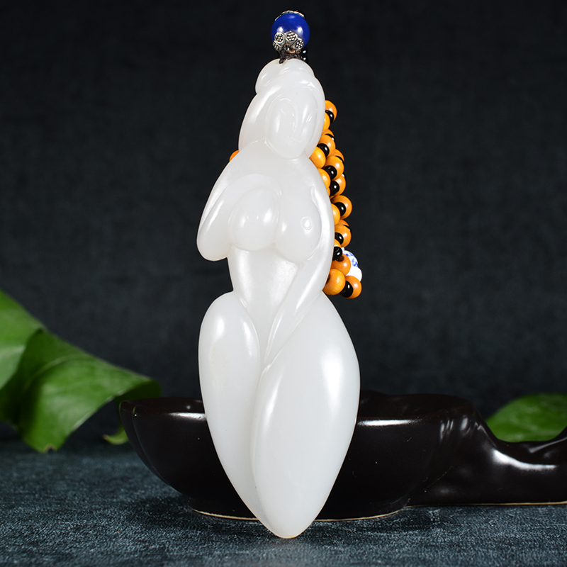 苏工雕 刻画传神【闭月羞花】和田玉羊脂白玉美女挂件70克