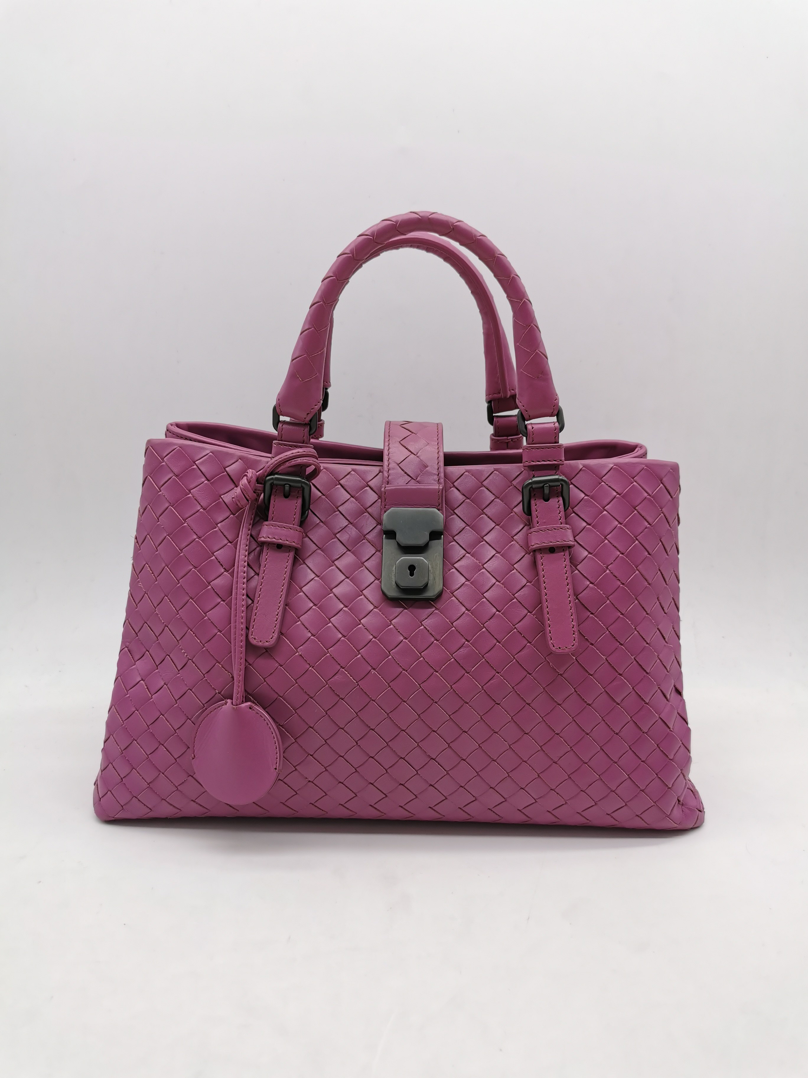 95新 bv 紫色全皮编织单肩斜挎手提包 罗马包