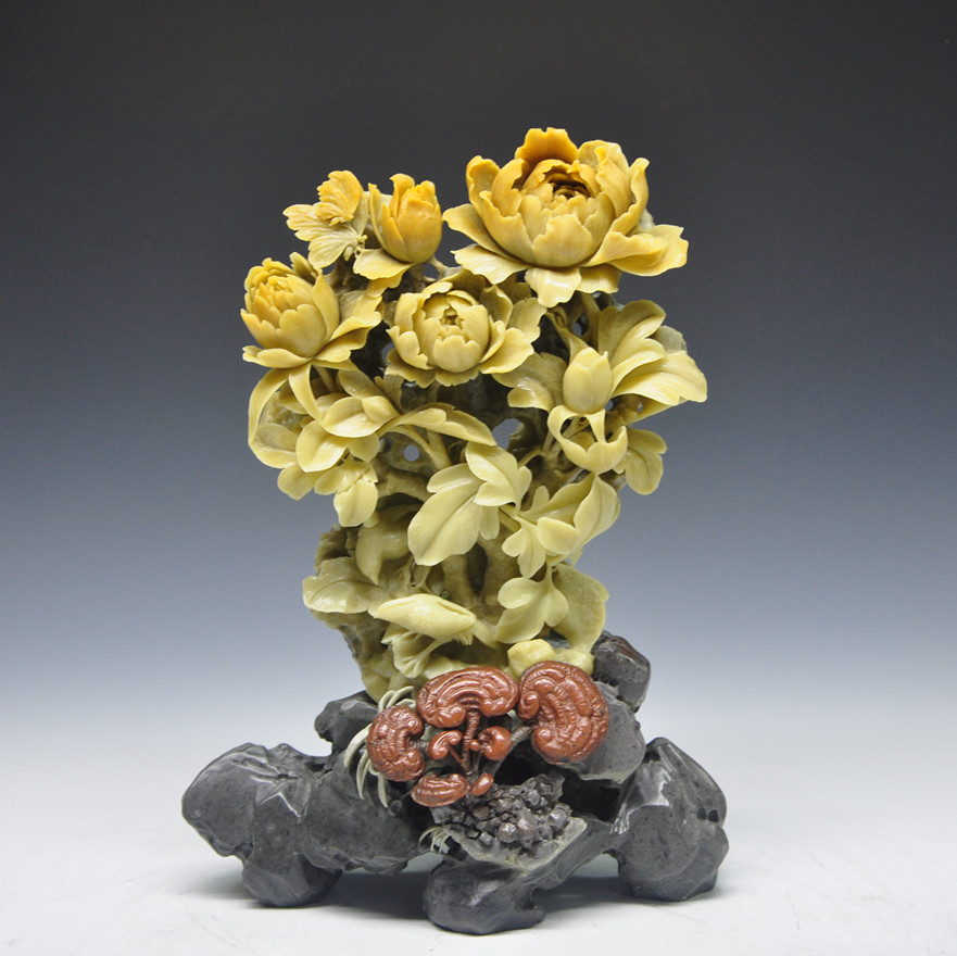 《花开富贵-国色天香》牡丹 花卉 青田石雕摆件 乔迁送礼