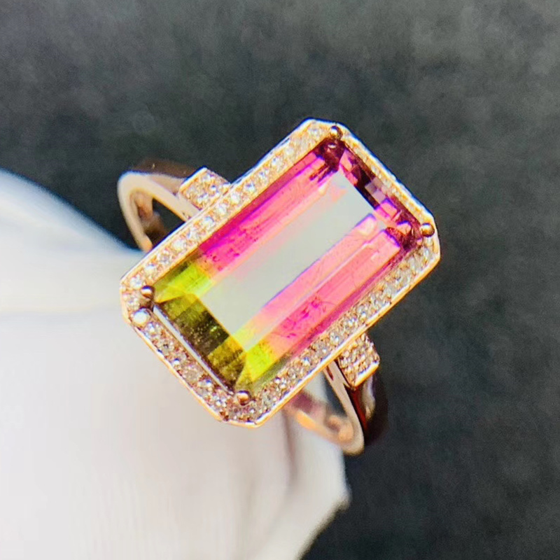 重4.3克拉 珍藏18k金西瓜碧玺戒指 火彩好 晶体好