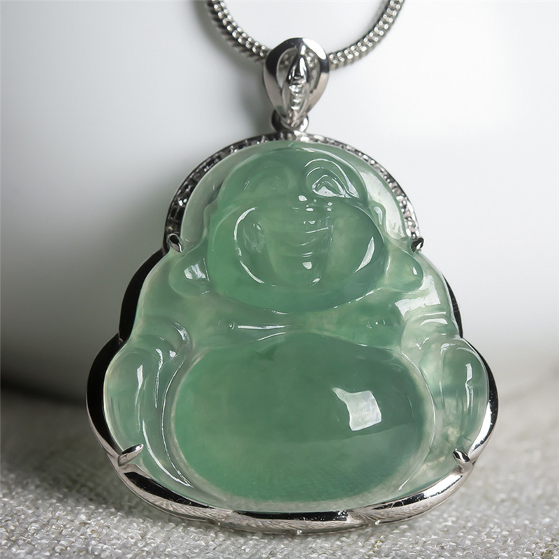 【佛主保佑】缅甸老坑翡翠冰种18k金伴钻金镶玉佛公吊坠拍卖8.62g