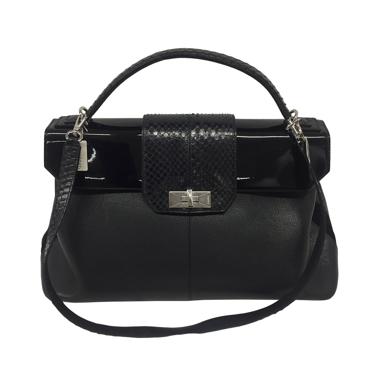 [9.0新]卡地亚cartier女士牛皮配蛇皮黑色手提单肩包
