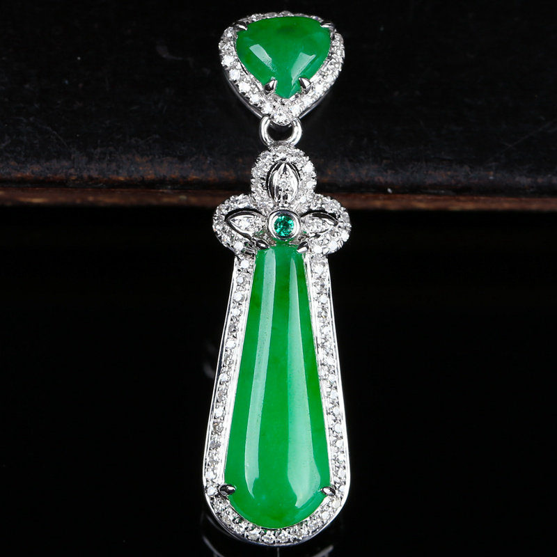 高端臻品a货翡翠冰种水润起光阳绿戒面吊坠--18k金钻镶嵌2.30g