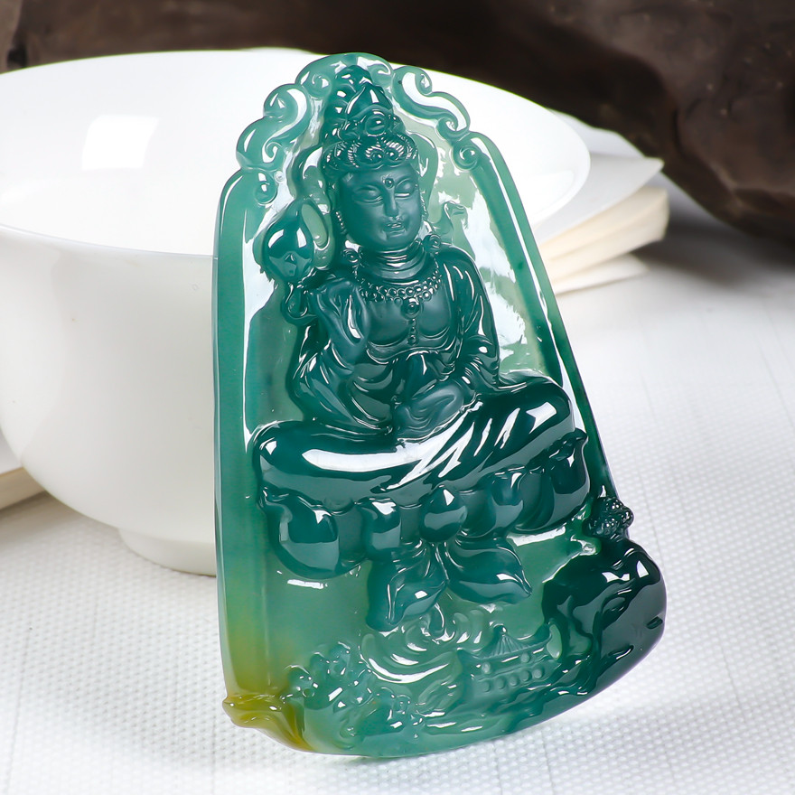 天然翡翠a货冰糯种水润蓝水双彩靓丽观音坐莲吊坠 59.42g