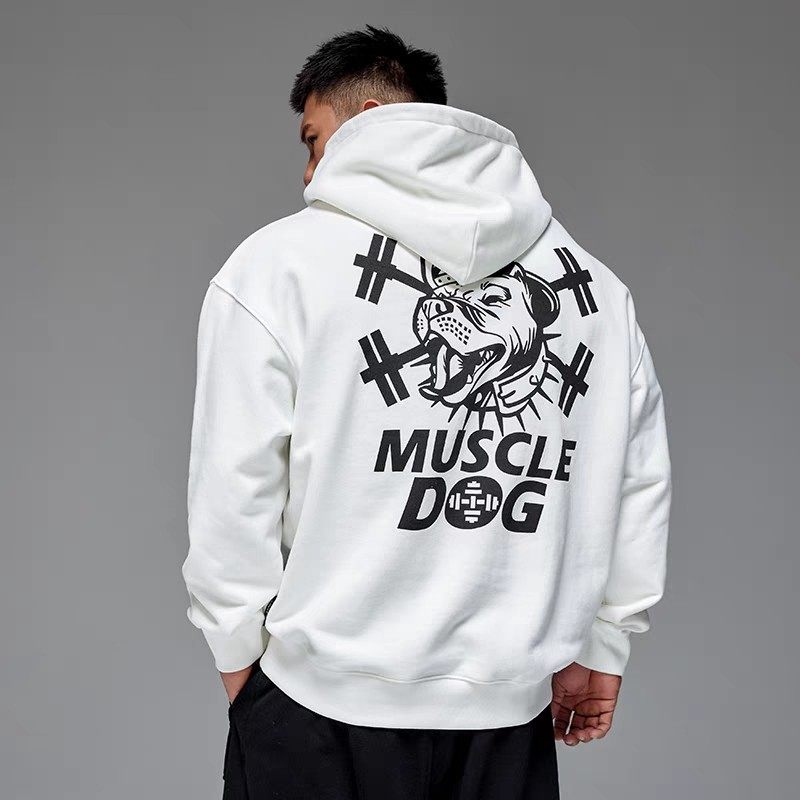 潮牌经典狗头印花连帽卫衣男冬季加绒宽松运动健身套头衫