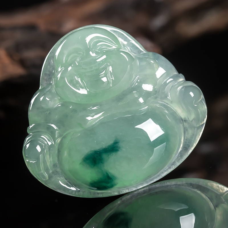 玉佛公拍卖天然a货翡翠冰糯种浅绿飘花开怀大肚笑脸佛公吊坠8.58g