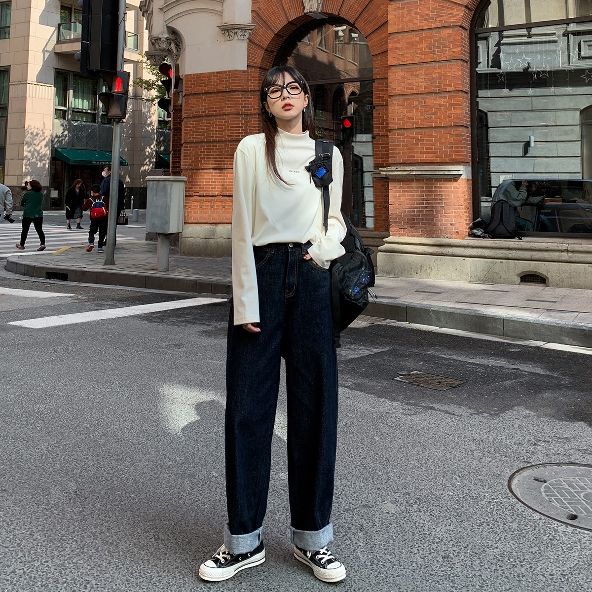 sixi四喜家秋冬chao好廓型深蓝牛仔裤女显瘦直筒阔腿t恤印制