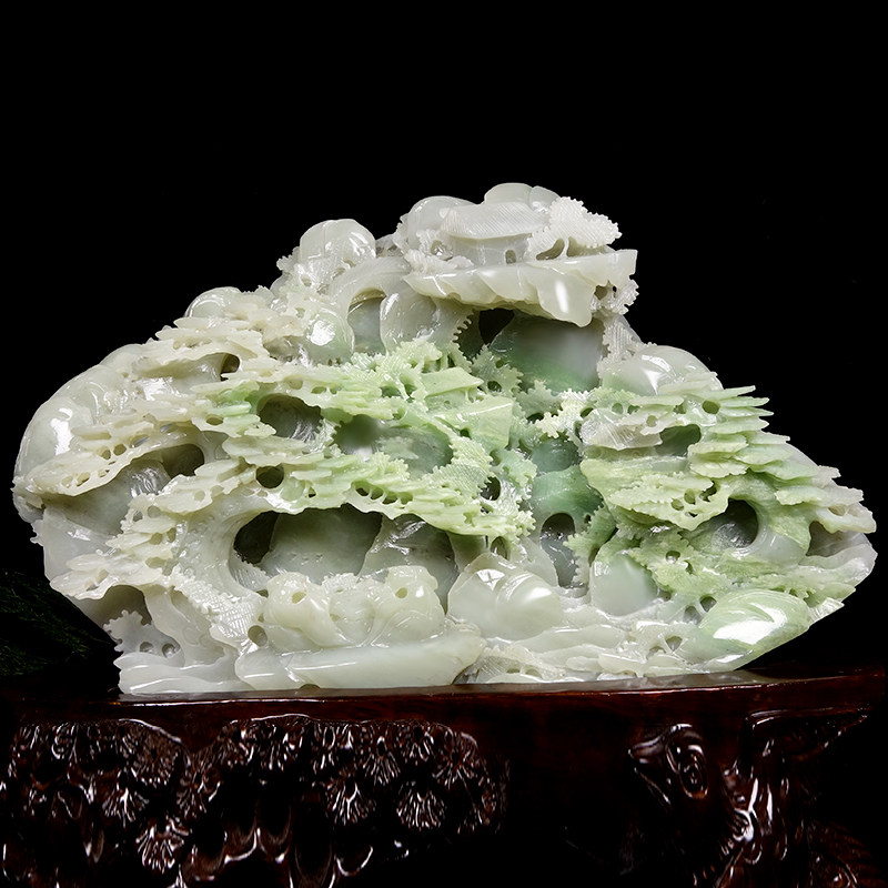 5.1公斤带翠和田玉石立体镂空山水摆件清新雅致风水宝地男女款v