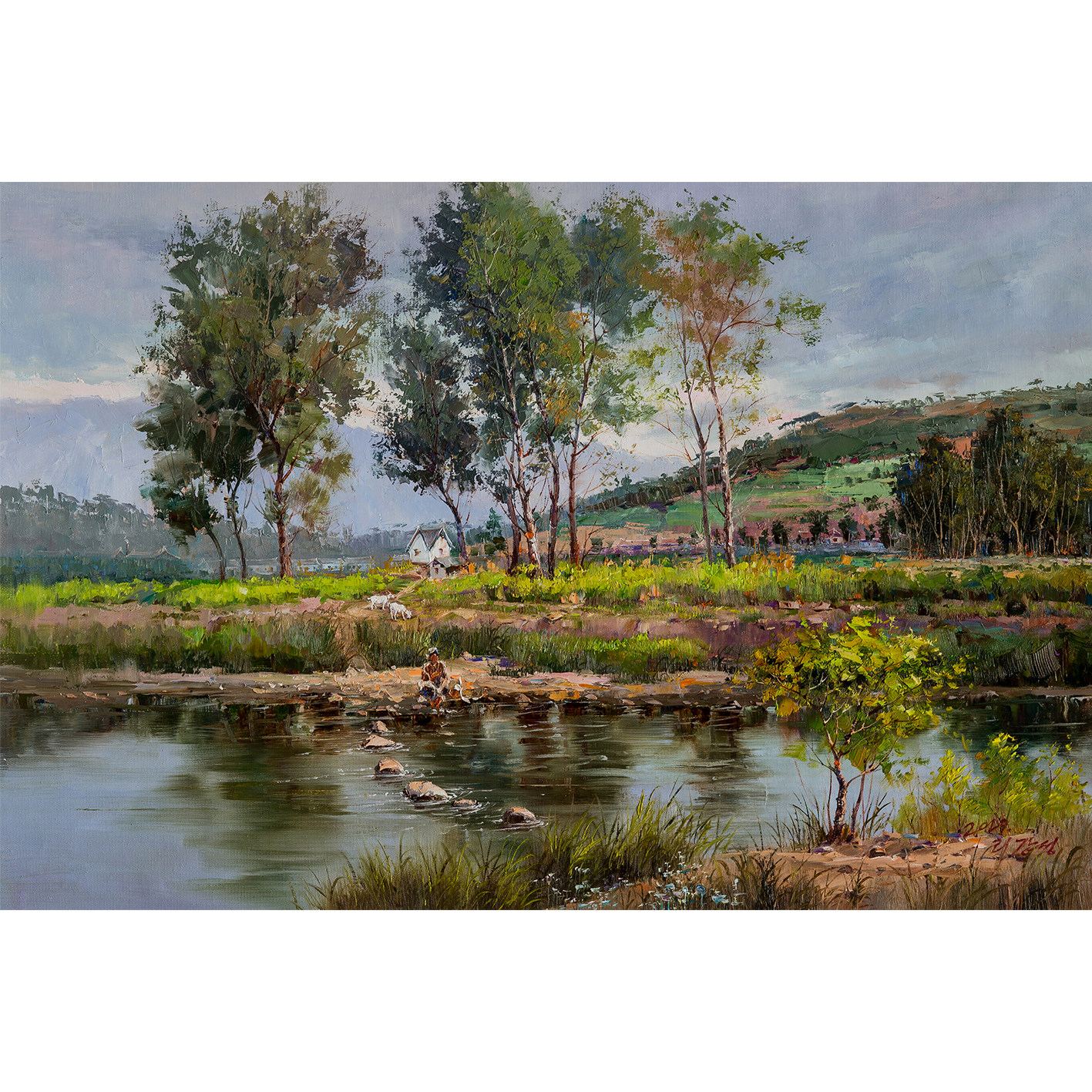 【朝鲜油画】一级艺术家 李刚成《风景 河边》收藏精品 客厅