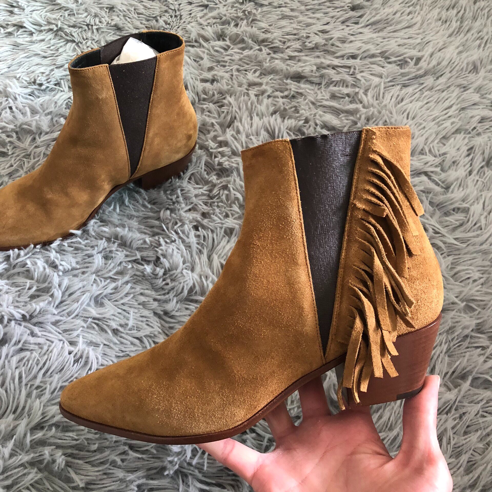Saint Laurent Suede Fringe Chelsea Boots — front