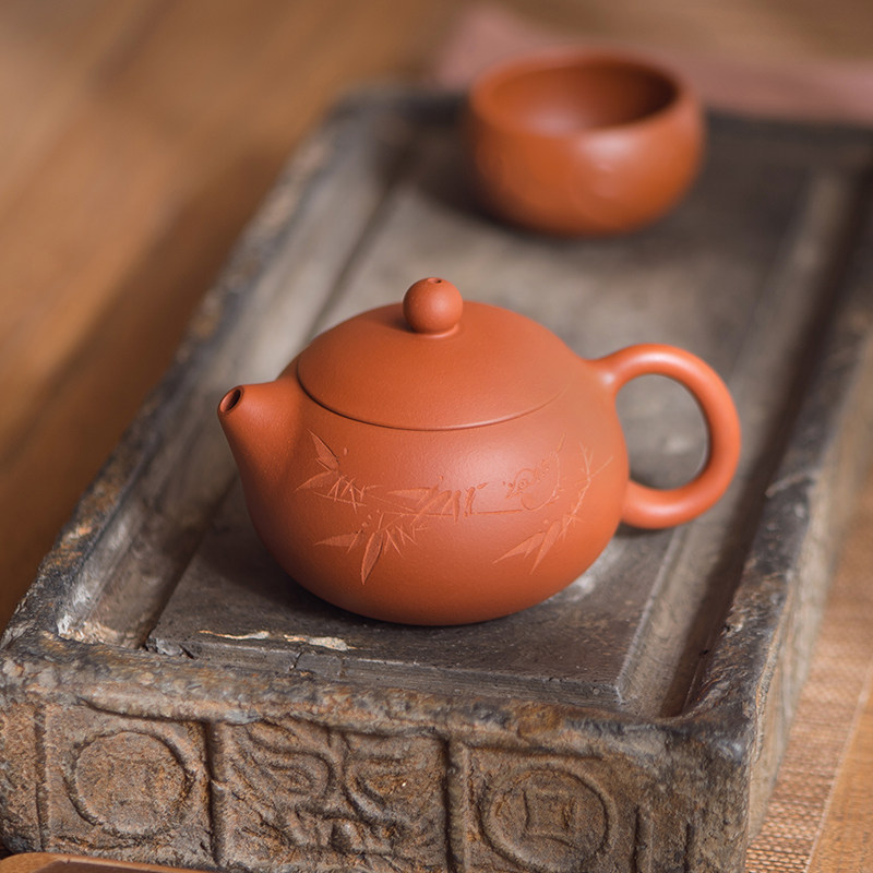 速拍 西施刻竹史德中手工原矿朱泥宜兴紫砂壶